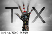 Carbon tax symbol of energy as oil and gas price increase and taxes on coal plants and nuclear fuel power plant shaped as a hand as a concept for environmental green tariffs with 3D illustration elements. Стоковое фото, агентство Ingram Publishing / Фотобанк Лори