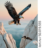 An eagle teaches an eaglet to fly, white cliffs and a gentle dawn. Photorealistic surrealism. Стоковое AI-изображение, AI-художник Анна Никонорова / Фотобанк Лори