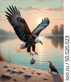 An eagle teaches its eaglet to fly at dawn. Стоковое AI-изображение, AI-художник Анна Никонорова / Фотобанк Лори