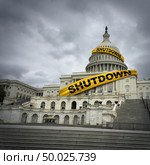 USA shutdown and United States government closed and american federal shut down due to spending bill disagreement between the left and the right pas a national finance symbol with yellow hazard tape in a 3D illustration style. Стоковое фото, агентство Ingram Publishing / Фотобанк Лори