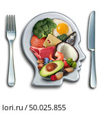 Keto ketogenic diet low carb and high fat food eating lifestyle as fish nuts eggs meat avocado and other nutritious ingredients as a therapeutic meal lifestyle on a plate shaped as a head with 3D illustration elements. Стоковое фото, агентство Ingram Publishing / Фотобанк Лори