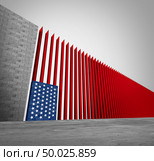 United States border wall and American immigration and USA refugee crisis concept as barrier or steel slat fence shaped as a US flag as a social issue about refugees or illegal immigrants as a 3D illustration. Стоковое фото, агентство Ingram Publishing / Фотобанк Лори