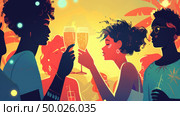 A group of friends clinks champagne glasses during a vibrant sunset celebration, surrounded by lush foliage and a festive atmosphere. Стоковое AI-изображение, AI-художник Данила Большаков / Фотобанк Лори