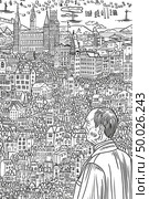 A detailed drawing of a man observing a densely packed city filled with buildings, people, and various activities. Стоковое AI-изображение, AI-художник Данила Большаков / Фотобанк Лори