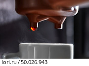 Macro photo of dripping coffee in a coffee machine dripping into a cup. The process of making a drink. Macro photo of making coffee in the coffee machine. Drops of coffee dripping into the cup. Стоковое фото, агентство Ingram Publishing / Фотобанк Лори