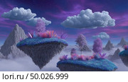 Floating islands drifting in purple dreamlike sky. Стоковое AI-видео, аниматор Юрий Поздников / Фотобанк Лори