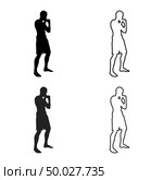 Fighter in fighting stance Man doing exercises Sport action male Workout silhouette side view icon set grey black color vector illustration outline flat style simple image. Стоковая иллюстрация, агентство Ingram Publishing / Фотобанк Лори