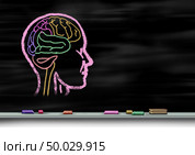Mental health care concept and autism education or autistic development disorder as a symbol of a young mind psychology as a chalk drawing on a school blackboard or chalkboard with 3D illustration elements. Стоковое фото, агентство Ingram Publishing / Фотобанк Лори