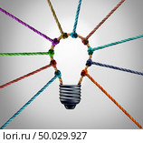 Creative centre and creativity working together as a business success concept as a group inspiration connection idea as diverse ropes tied together as a team symbol with 3D illustration elements. Стоковое фото, агентство Ingram Publishing / Фотобанк Лори