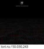Abstract multicolor lines grid pattern wave curve perspective on dark background. Rough texture. Vector illustration. Стоковая иллюстрация, агентство Ingram Publishing / Фотобанк Лори