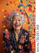 An older woman joyfully laughing amidst a flurry of confetti around her. Стоковое AI-изображение, AI-художник Данила Большаков / Фотобанк Лори