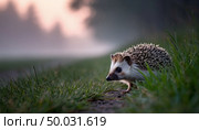 Hedgehog on a path in a field in the fog. AI generated. Стоковое AI-изображение, AI-художник Анна Никонорова / Фотобанк Лори