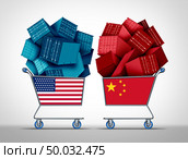 China United States Trade negotiations business concept as a Chinese USA fight as a trade war and tariff dispute on imports and exports industry as a 3D illustration. Стоковое фото, агентство Ingram Publishing / Фотобанк Лори
