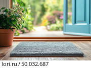 Close-up of natural fiber doormat on wooden floor with open blue doors. Potted plant in frame. Bright daylight outside. Inviting home entrance. Clean, fresh, cozy mood. Interior, lifestyle. Banner. Стоковое AI-изображение, AI-художник Евгений Демидюк / Фотобанк Лори