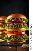 Huge burger multilayered, fast food. AI generated. Стоковое AI-изображение, AI-художник Анна Никонорова / Фотобанк Лори
