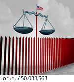 Border wall legal challenge as an American security barrier government immigration policy at the US Mexico national boundary with 3D illustration elements. Стоковое фото, агентство Ingram Publishing / Фотобанк Лори