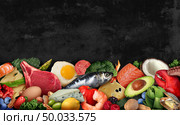 Keto food background as a nutrition lifestyle and ketogenic diet low carb and high fat eating as fish nuts eggs meat avocado and other healthy ingredients as a therapeutic meal with text area in a 3D illustration style. Стоковое фото, агентство Ingram Publishing / Фотобанк Лори