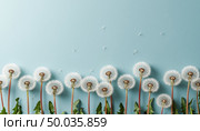 Dandelions fluffy, blue background, copy space. AI generated. Стоковое AI-изображение, AI-художник Анна Никонорова / Фотобанк Лори