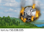 Danger of Climate change and global warming concept as a burning hole with a polluted dirty industrial background destroying the fragile green natural landscape with clean air and water with 3D illustration elements. Стоковое фото, агентство Ingram Publishing / Фотобанк Лори
