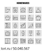 Home wares Line Icons Set For Infographics, Mobile UX/UI Kit And Print Design. Include: Appliances, Home, Home Ware, House, Pan, Bathroom, Furniture, Icon Set - Vector. Стоковая иллюстрация, агентство Ingram Publishing / Фотобанк Лори