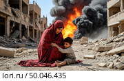 Conflict in the Middle East. Women and children under bombardment, explosions, smoke, destroyed houses. Стоковое AI-изображение, AI-художник Анна Никонорова / Фотобанк Лори