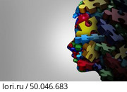 Autistic child symptoms developmental education and autism disorder puzzle children symbol for special learning as jigsaw pieces coming together to form a young student head as a 3D illustration. . Стоковое фото, агентство Ingram Publishing / Фотобанк Лори