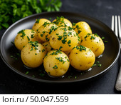 Potatoes are disgusting on a dark table. AI generated. Стоковое AI-изображение, AI-художник Анна Никонорова / Фотобанк Лори
