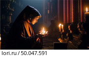 A nun in a temple prays by candlelight. AI generated. Стоковое AI-изображение, AI-художник Анна Никонорова / Фотобанк Лори