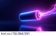 Illuminated energy a digital illustration of a glowing fully charged battery emitting vibrant purple and blue light against a dark background. Стоковое AI-изображение, AI-художник Андрей Бакусов / Фотобанк Лори