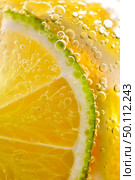 Macro photo of yellow lemon slices and lime with lots of bubbles in a glass with water. Summer refreshing cocktail. Juicy slices of ripe lemon and lime with bubbles in a glass of water. Macro photo of refreshing lemonade. Стоковое фото, агентство Ingram Publishing / Фотобанк Лори