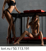 Woman in bondage cage with another standing in stylish attire. Стоковое фото, фотограф Гурьянов Андрей / Фотобанк Лори