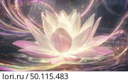 A magical illustration of a radiant lotus blooming on the surface of water. The flower glows from within with a soft white-pink light, creating a feeling of purity, energy and inner awakening. Around it are shimmering streams of light, drops of light and a glow, enhancing the effect of a fairy-tale and meditative atmosphere. The image is ideal for themes related to meditation, spiritual practices, yoga, energy healing and visualizations of harmony. Стоковое AI-изображение, AI-художник Анна Кривицкая / Фотобанк Лори