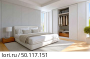 Modern minimalist bedroom with open wardrobe design. Стоковое AI-изображение, AI-художник Юрий Поздников / Фотобанк Лори