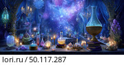 Enchanting alchemist's laboratory with glowing potions. Стоковое AI-изображение, AI-художник Юрий Поздников / Фотобанк Лори