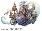 A fantasy watercolor illustration in the style of fairy-tale realism. In the center is a majestic woman in a magnificent dress, similar to the clothes of a Russian boyar or queen, sitting in an elegant chariot made of clouds, decorative elements and architectural miniatures. Around her are fascinating details: soaring towers, mythical creatures, delicate smoky curls. Near the chariot flies a white bird with a flamingo beak, holding ropes. The picture seems to have come from the pages of an old fairy tale, permeated with the spirit of magic, fantasy and beauty. Стоковое AI-изображение, AI-художник Анна Кривицкая / Фотобанк Лори