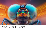 Detailed close-up of a vibrant dragonfly showcasing intricate eye. Стоковое AI-изображение, AI-художник Михаил Коханчиков / Фотобанк Лори