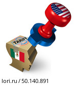 Mexico tariffs by the United States due to illegal immigration as a political an economic dispute over import and export taxes and immigrants or refugee concept as a 3D illustration. Стоковое фото, агентство Ingram Publishing / Фотобанк Лори