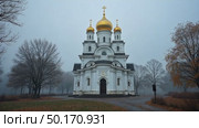 Classic white Orthodox church with golden domes surrounded by bare trees in a foggy park. Peaceful and serene atmospheric scenery, autumn evening vibes. Стоковое AI-видео, аниматор Sergey Grishin / Фотобанк Лори