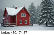 A red wooden house in a snowy landscape, standing on a snowy plain surrounded by trees, soft diffused light, frontal view. Стоковое AI-видео, аниматор Sergey Grishin / Фотобанк Лори