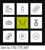 bowling , medal , rugby , pintrest , dumbell , sports , games , fitness , athletics , football , bodybuilding , snooker , ball , cricket , tennis , stopwatch , golf  , social , media , icon, vector, design,  flat,  collection, style, creative,  icons. Стоковая иллюстрация, агентство Ingram Publishing / Фотобанк Лори