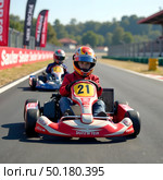 Two kids racing go-karts on outdoor track in safety gear and helmets. Стоковое AI-изображение, AI-художник Александра Рублева / Фотобанк Лори