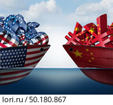 China US currency dispute and trade war as a Chinese yuan symbol in conflict with the American dollar icon as an economic fight concept as a 3D illustration. Стоковое фото, агентство Ingram Publishing / Фотобанк Лори