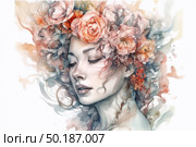 A watercolor portrait of a woman with closed eyes, surrounded by a lush wreath of flowers. The image is done in soft pastel colors, combining pink, peach and light green shades. The woman's hair seems to dissolve into the floral composition, creating a feeling of merging with nature. The work evokes a feeling of calm, peace and romantic dreaminess. Ideal for use in themes related to nature, beauty, spring, femininity and art. Стоковое AI-изображение, AI-художник Анна Кривицкая / Фотобанк Лори