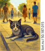An illustration of a homeless sad cat lying on a busy city street. The cat has a dejected look, sad yellow eyes and tousled fur. He is alone among passers-by who indifferently pass by, not noticing him. The scene is done in a soft watercolor manner with a warm color palette, emphasizing the contrast between the indifference of society and the vulnerability of the animal. Ideal for social projects, themes of helping animals, charity, volunteering, as well as for emotional and meaningful visual content. Стоковое AI-изображение, AI-художник Анна Кривицкая / Фотобанк Лори