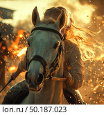 A dramatic scene of a woman riding a white horse, racing through fire and sparks. Her long blonde hair flutters in the wind, illuminated by the flames and sunset light. The frame is dynamic, powerful, determined and chaotic. The background is filled with heat, flashes of fire and clouds of smoke, creating a cinematic effect. Ideal for adventure, fantasy, historical battles, female power, heroism and epic stories. Стоковое AI-изображение, AI-художник Анна Кривицкая / Фотобанк Лори