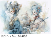 A rococo-style watercolor illustration of two elegant ladies with high hairdos decorated with flowers and feathers. They are dressed in rich dresses with ruffles and corsets, inspired by the fashion of the 18th century. The color scheme is pastel, with blue, cream and pink shades predominating. The illustration exudes sophistication, aristocracy and the atmosphere of old Europe. Ideal for book covers, historical novels, fashion illustrations, design items and collectible cards. Стоковое AI-изображение, AI-художник Анна Кривицкая / Фотобанк Лори