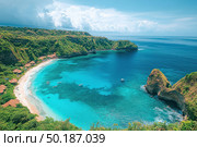 A stunning tropical landscape overlooking an azure bay surrounded by green hills and cliffs. Cozy bungalows with thatched roofs are located along the shore, and snow-white boats are moored in turquoise waters. The sandy beach smoothly turns into a transparent sea surface, and the sky is decorated with fluffy clouds. The image conveys the atmosphere of an ideal vacation, privacy and natural harmony. Suitable for tourist brochures, resort advertising, travel sites, banners and postcards. Стоковое AI-изображение, AI-художник Анна Кривицкая / Фотобанк Лори