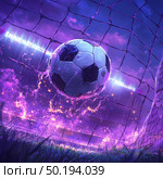 A dynamic digital image of a soccer ball flying into the goal net against the backdrop of a night stadium. The ball is surrounded by spectacular flashes and a purple electric glow, creating an atmosphere of intensity, drive and sporting power. The stadium is flooded with spotlights, and the energy of victory is felt in the air. The illustration is made in a neon fantasy style and is ideal for the design of sports events, advertisements, covers, posters and gaming content. Стоковое AI-изображение, AI-художник Анна Кривицкая / Фотобанк Лори