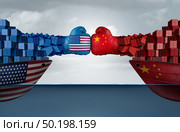 China United States trade war and American Chinese tariffs fight and economic dispute as two cargo container ships fighting over import and exports taxes as a 3D illustration. Стоковое фото, агентство Ingram Publishing / Фотобанк Лори