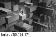 Businesswoman challenges concept and gender obstacles for being a female entrepreneur  in the business world as a woman with the burden of climbing a difficult maze with 3D illustration elements. Стоковое фото, агентство Ingram Publishing / Фотобанк Лори
